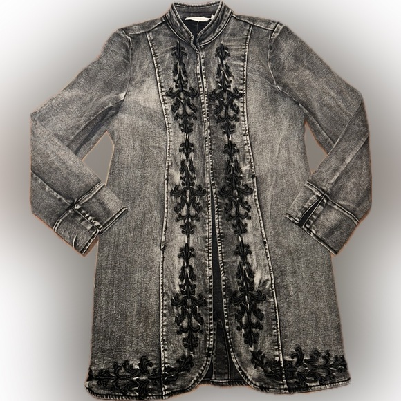 Soft Surroundings Charcoal Gray Denim Jacket Black Embroidered Victorian Hem XS - Picture 4 of 13